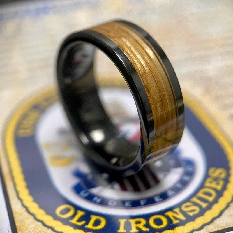 Quirky rings-“Old Ironsides" 100% USA Made Black Ceramic Ring With Wood From USS Constitution Ship