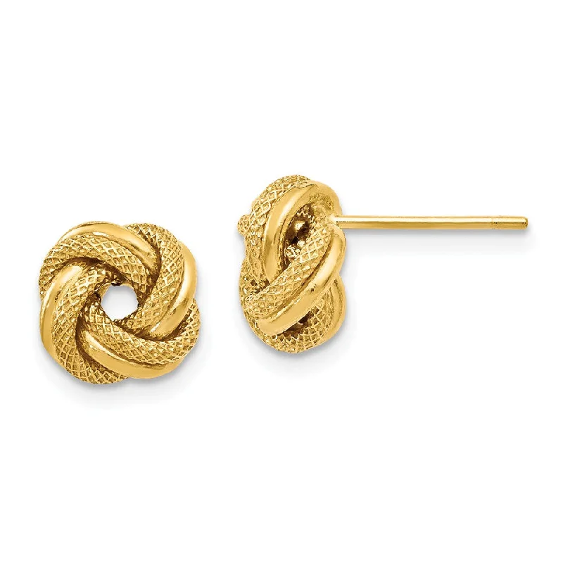 Open hoop earrings-9mm (3/8 Inch) 14k Yellow Gold Polished Textured Love Knot Earrings