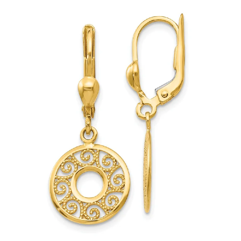 Reef motif earrings-12mm Filigree Circle Lever Back Earrings in 14k Yellow Gold