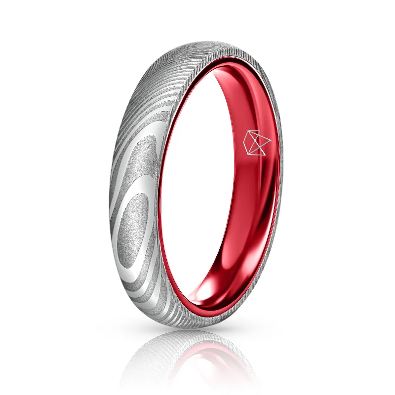 Solar theme rings-Wood Grain Damascus Steel Ring - Resilient Red - 4MM