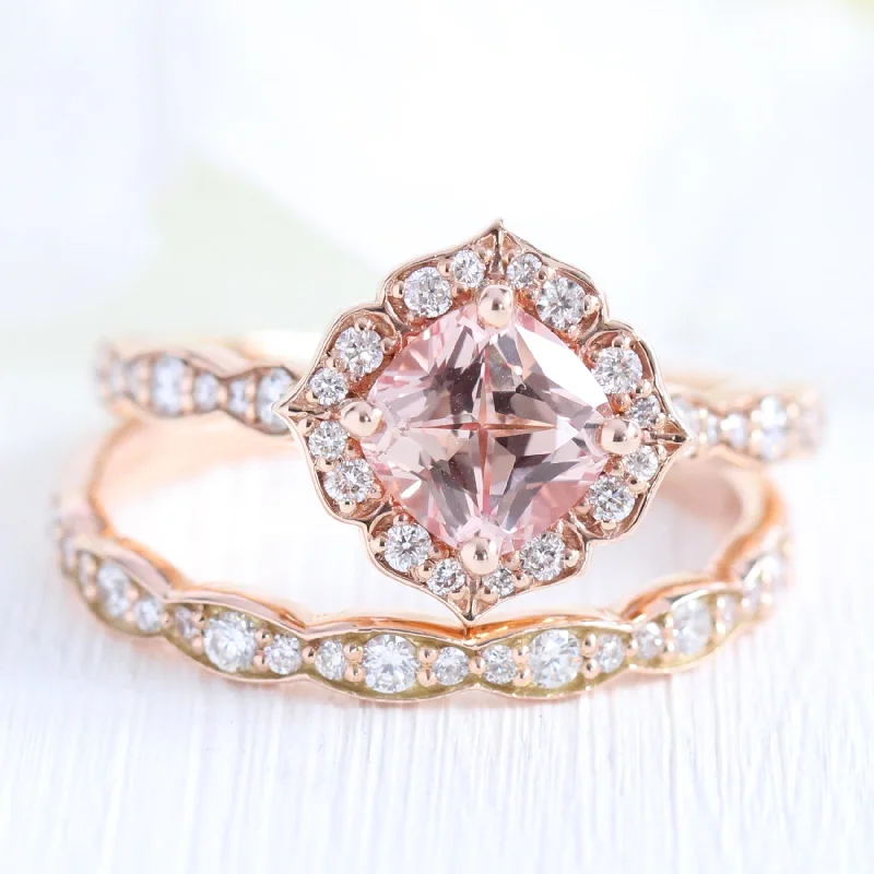 Spinel stone rings-Mini Vintage Floral Bridal Ring Set w/ Champagne Peach Sapphire and Diamond