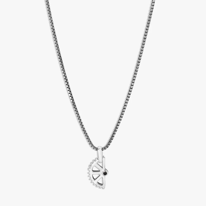 Wave shape necklaces-Puzzle Gear Box Chain Necklace in Rhodium Plated Silver