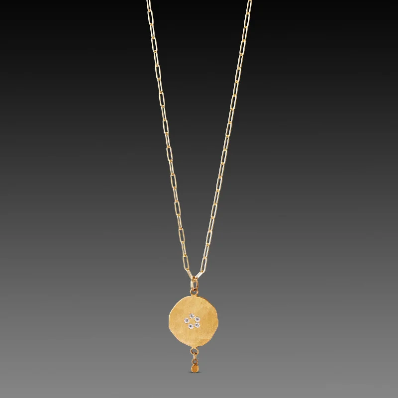 Timeless pearl necklaces-Hammered Gold Disk Necklace with Diamonds & Drop