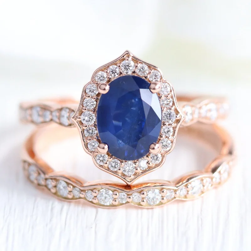 Carved band rings-Vintage Floral Oval Ring Bridal Set w/ Natural Sapphire and Diamond in Scalloped Band