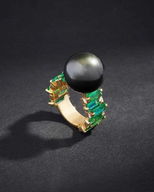 Star birthstone rings-One of a Kind Dark Grey Pearl Ring with Emeralds Baguettes