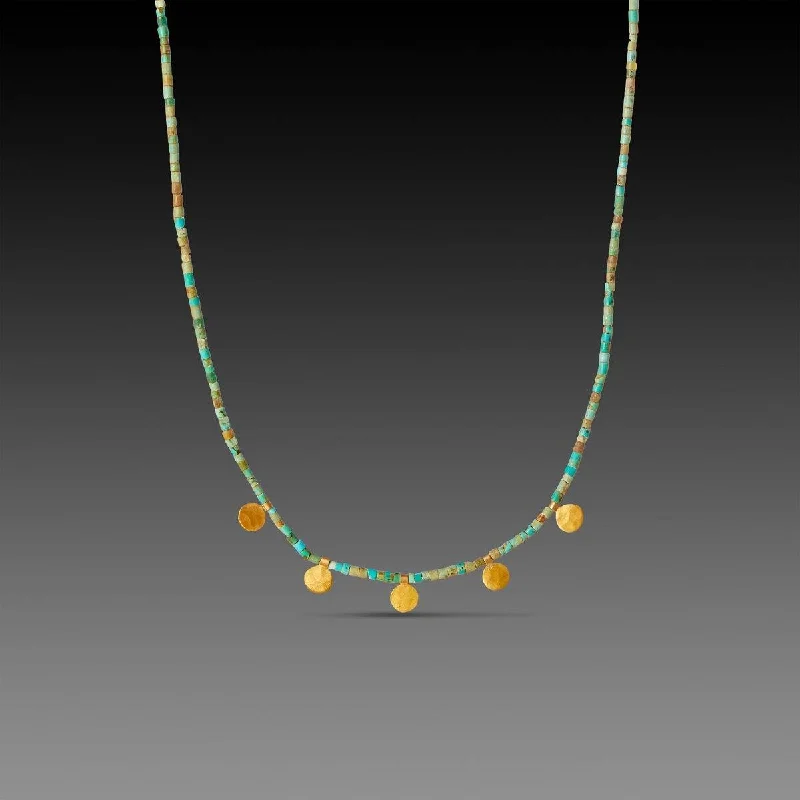 Cane weave necklaces-Gold Disk and Turquoise Beaded Necklace