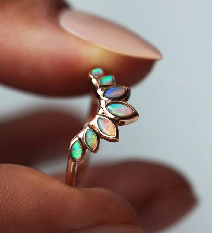 Fringe edge rings-Opal Wedding Band, Nesting Marquise Opal Ring