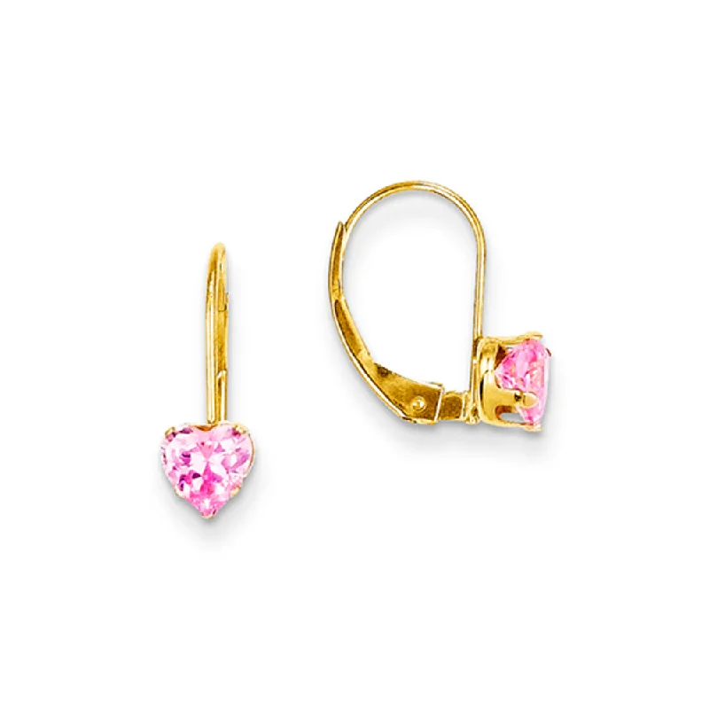 Bold cuff earrings-Kids 14k Yellow Gold & Pink CZ 5mm Heart Shaped Lever Back Earrings