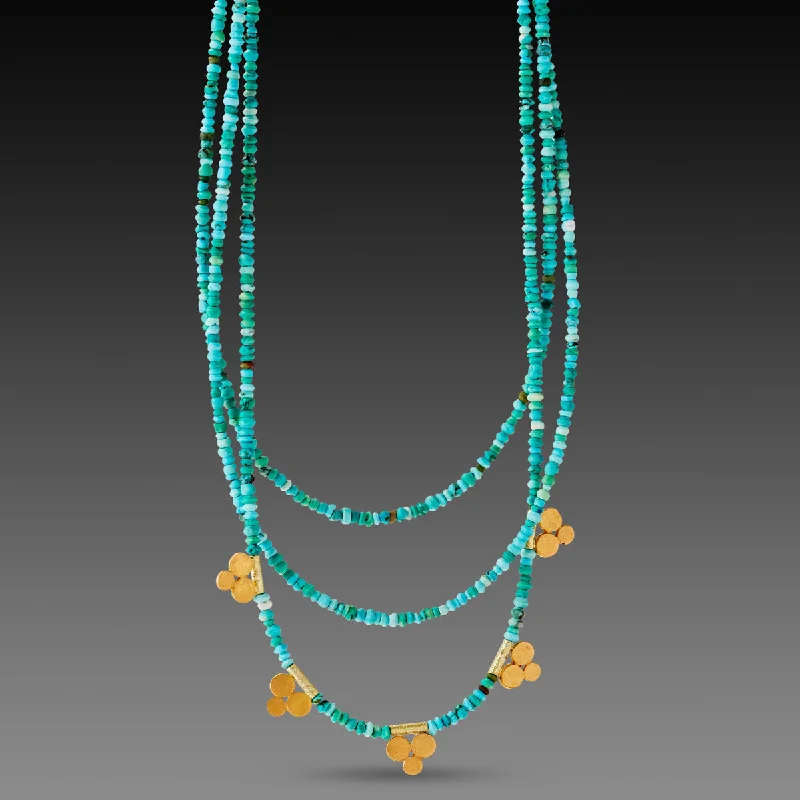 New moon necklaces-Triple Strand Turquoise Necklace with Gold Trios