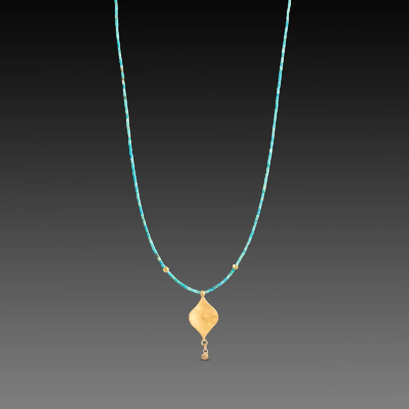 Polished gold necklaces-Turquoise Necklace with 22k Charm and Diamond Drop