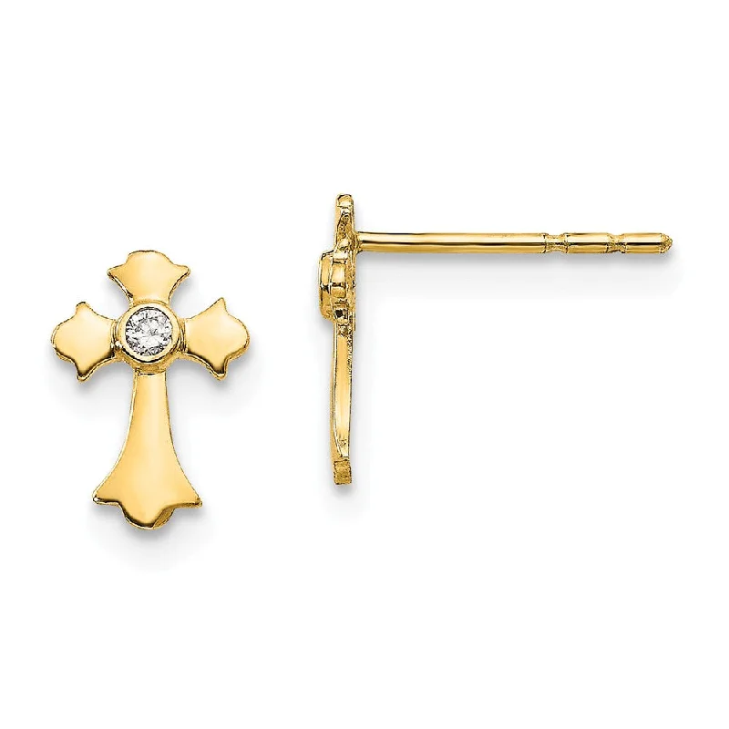 Ancient coin earrings-Children's 14k Yellow Gold & CZ 9mm Fleur de Lis Cross Post Earrings