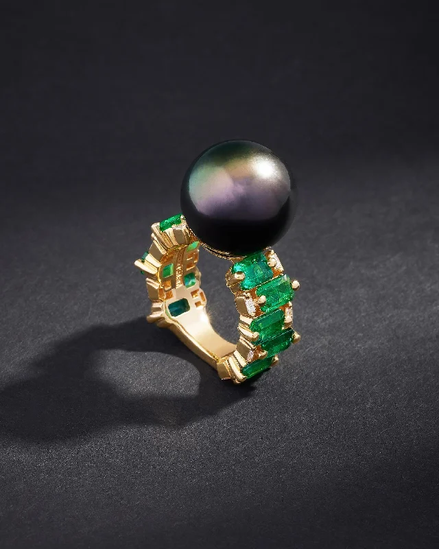 Crystal-wrapped rings-One of a Kind Black South Sea Pearl Ring with Emerald-Cut Emeralds