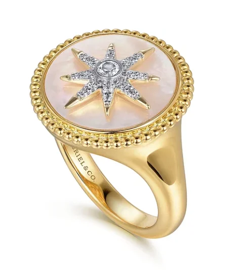 Open frame rings-14K Yellow Gold 2.13ct MOP Inlay & 0.13cttw Diamond Starburst  Signet Ring by Gabriel