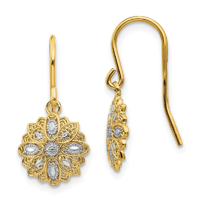 Tarnished silver earrings-10mm Floral Dangle Earrings in 14k Yellow Gold and White Rhodium