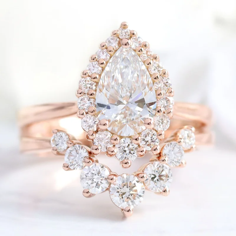 Slim stack rings-Pear Diamond Tiara Halo Ring Set w/ Lab Diamond and Large 7 Stone Wedding Band