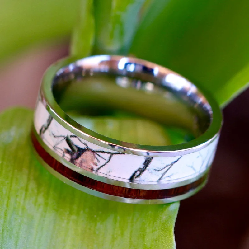 Hope charm rings-Stainless Steel White Camo Ring Koa Wood Band