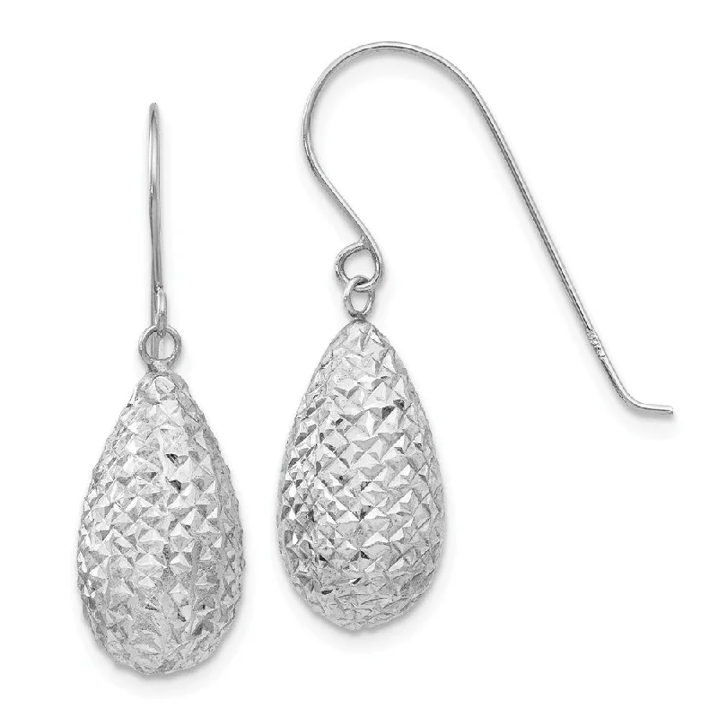 Woven thread earrings-15mm Diamond Cut Puffed Teardrop Dangle Earrings in 14k White Gold