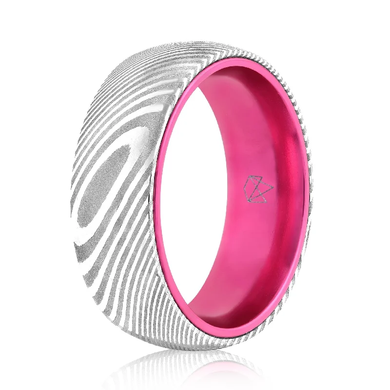 High-gloss rings-Wood Grain Damascus Steel Ring - Resilient Pink