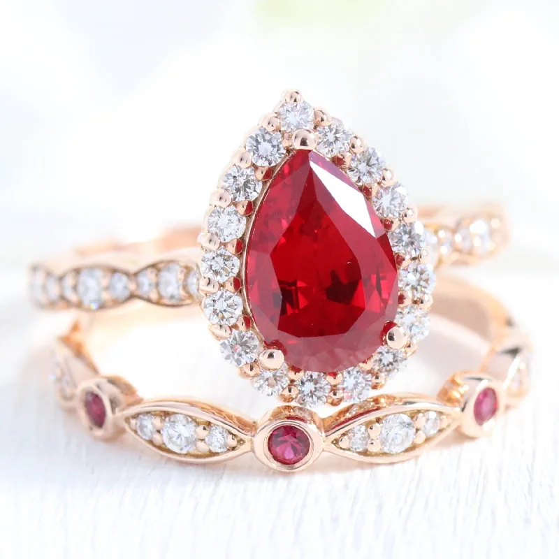 Crystal-wrapped rings-Luna Halo Pear Ring Bridal Set w/ Ruby and Diamond Bezel Wedding Band