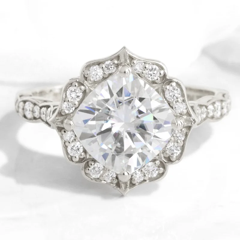 Tiny star rings-Large Cushion Moissanite Ring in 14k White Gold Vintage Floral Diamond, Size 6.25