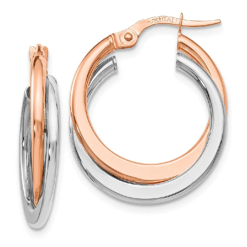 Spinel stud earrings-4 x 20mm (3/4 Inch) 14k White & Rose Gold Double Round Hoop Earrings