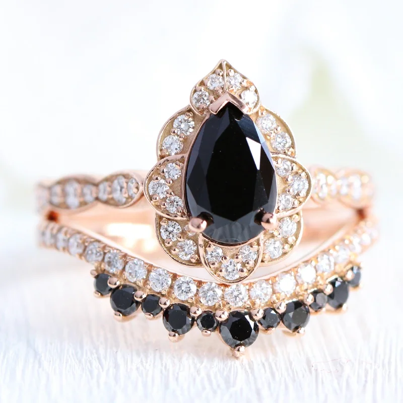 Raven design rings-Vintage Floral Black Diamond Pear Ring w/ Black and White Diamond Crown Band