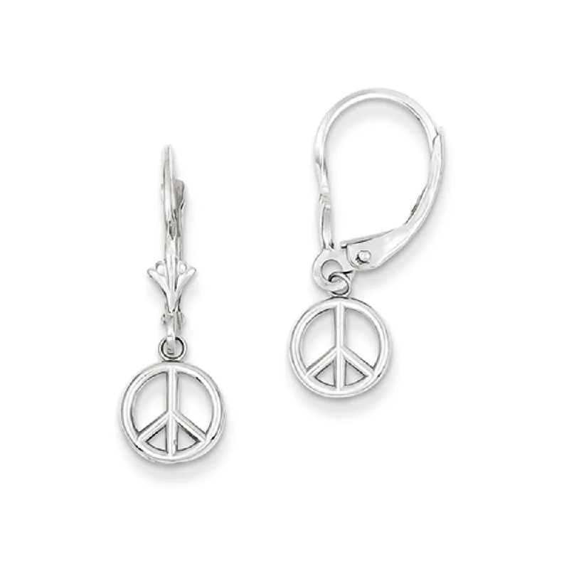 Woven thread earrings-8mm 3D Peace Sign Lever Back Earrings in 14k White Gold