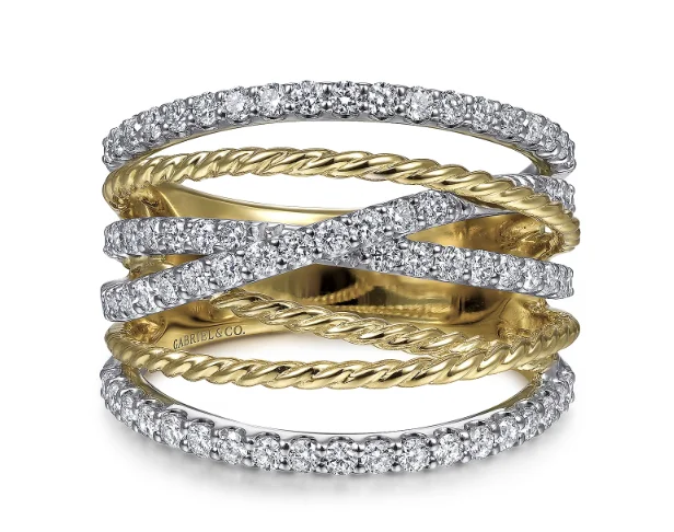 Classic vow rings-14K White & Yellow Gold 0.85cttw SI2 G-H Twisted Rope & Diamond Multi Row Ring by Gabriel & Co.