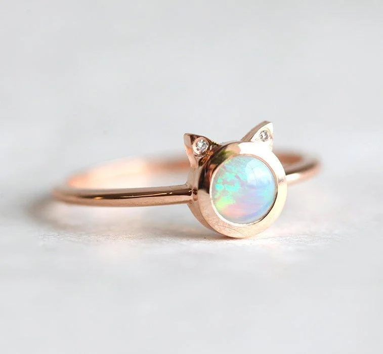 Hope charm rings-Kitty Round Opal Cat Ring