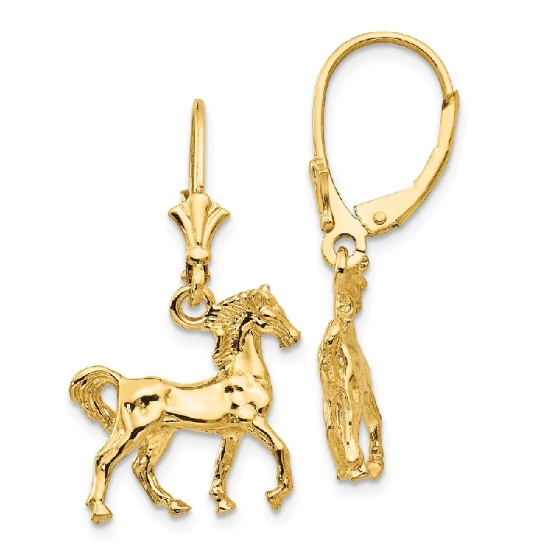 Vine hoop earrings-Polished 3D Horse Lever Back Earrings in 14k Yellow Gold