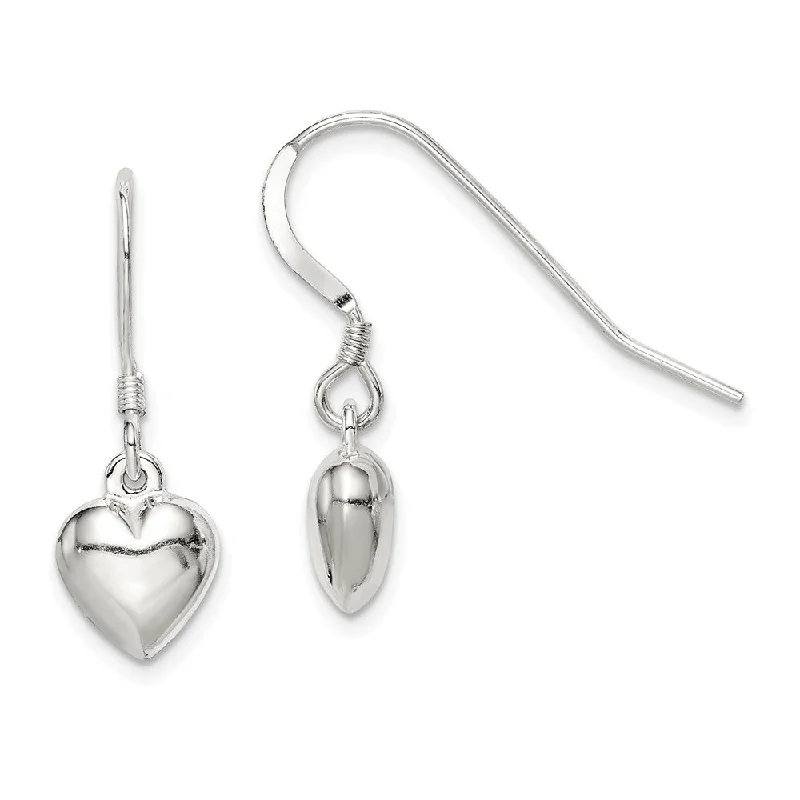 Oval drop earrings-8mm Puffed Heart Dangle Earrings in Sterling Silver