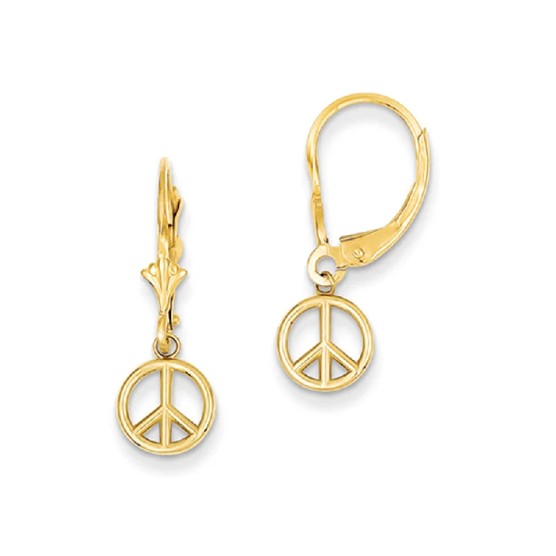 Reef theme earrings-8mm 3D Peace Sign Lever Back Earrings in 14k Yellow Gold