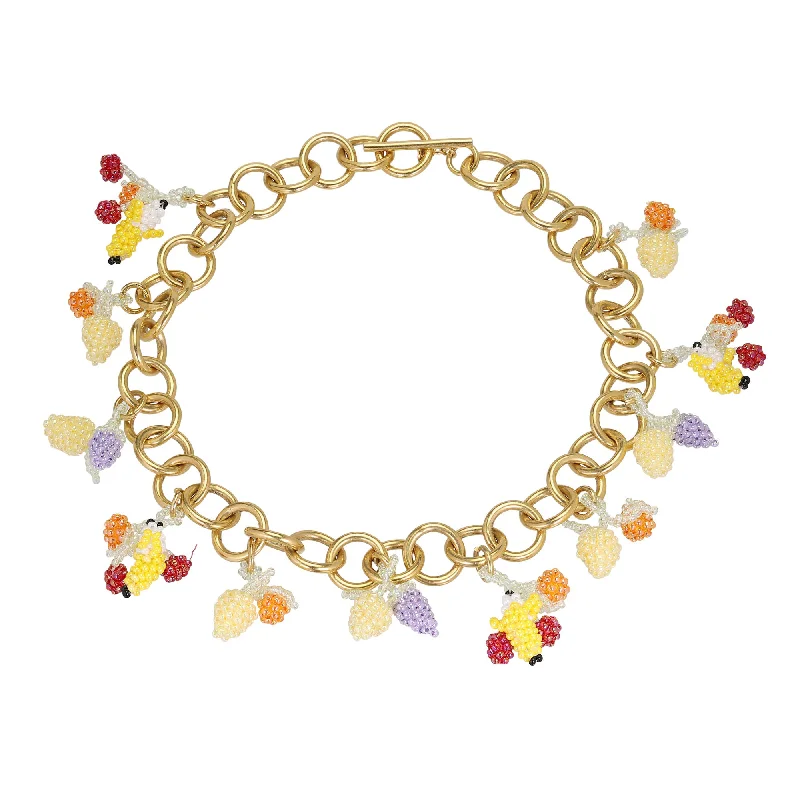 Braided knot necklaces-Chunky Fruit Salad Necklace Gold Plated, Mixed coloured Beads