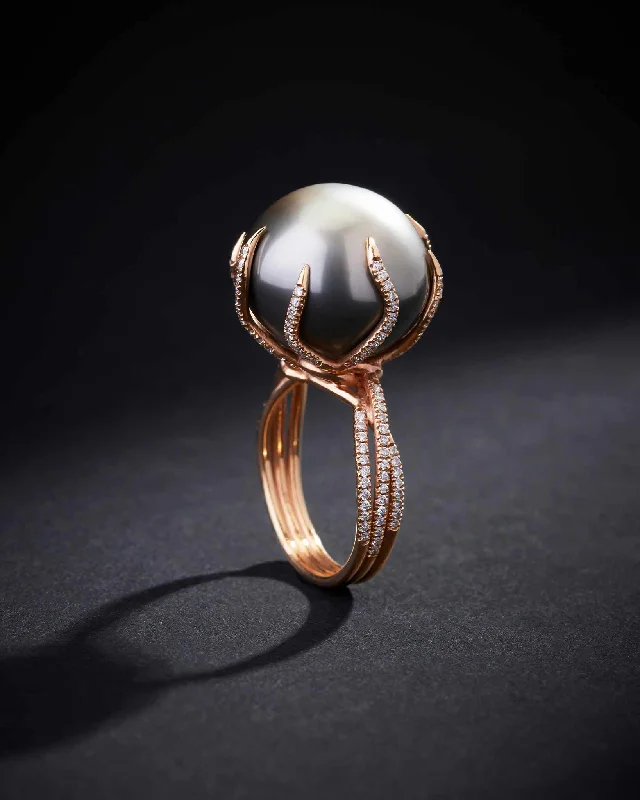 Vine carved rings-One of a Kind Cultured Pearl Enchanted Ring with Round Diamonds