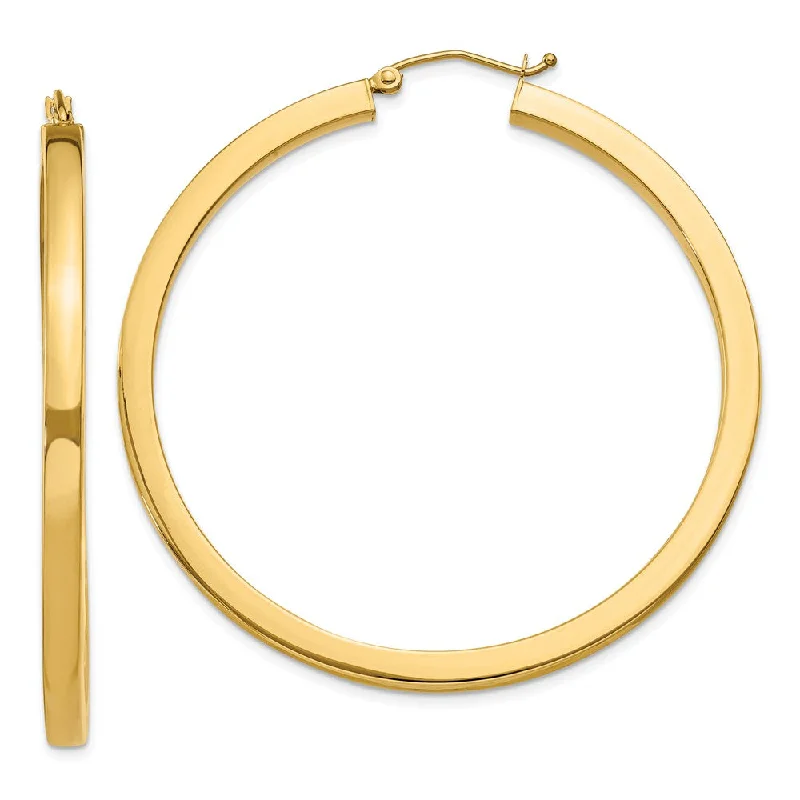 Ripple design earrings-3mm, 14k Yellow Gold Square Tube Round Hoop Earrings, 50mm (1 7/8 In)