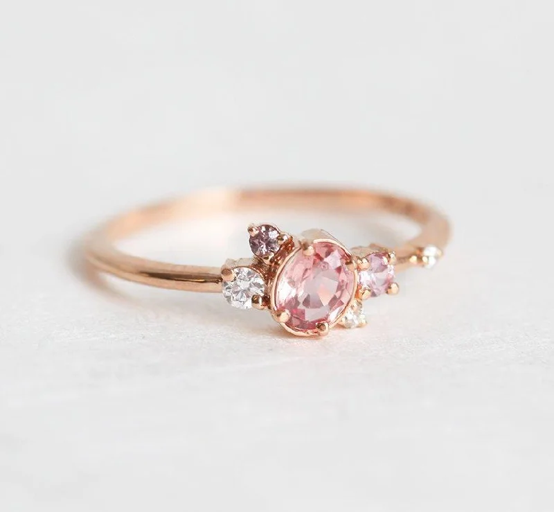 Classic lock rings-Capella Peach Sapphire Diamond Cluster Ring