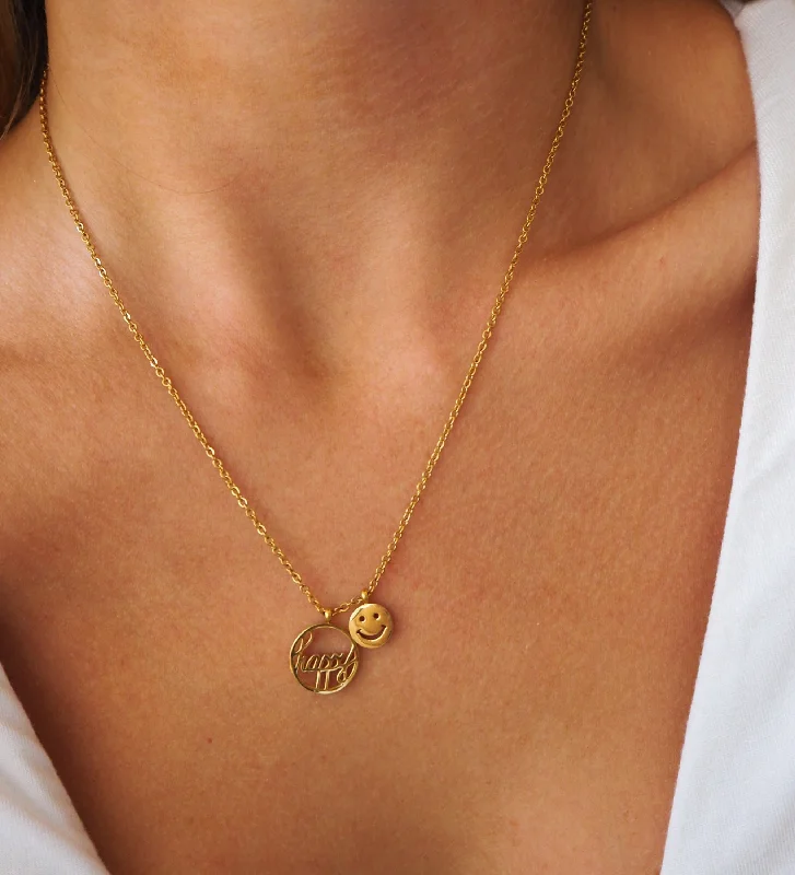 Embossed disc necklaces-Be Happy Necklace