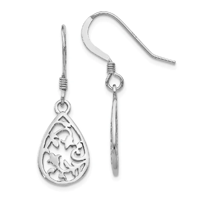 Large hoop earrings-15mm Floral Teardrop Dangle Earrings in Sterling Silver