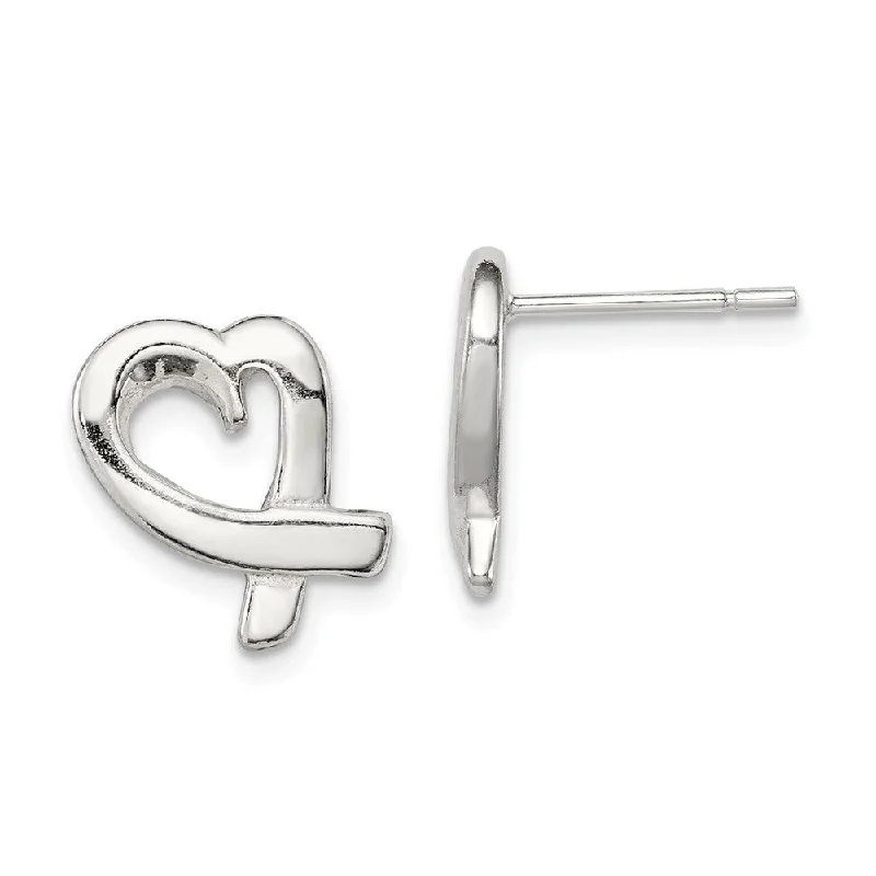 Indian tile earrings-13mm Ribbon Heart Post Earrings in Sterling Silver