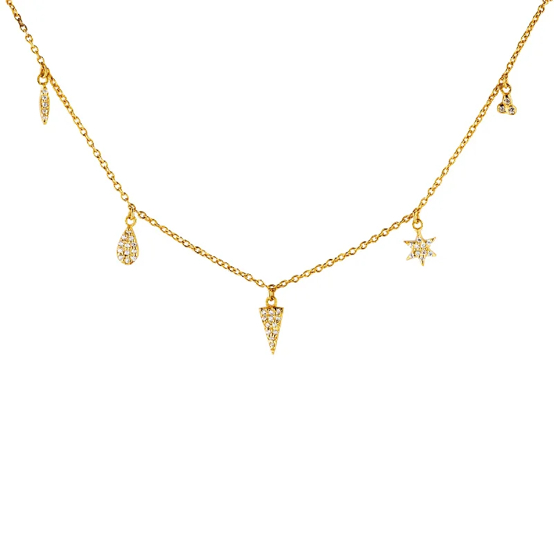 Trapezoid pendant necklaces-5 Charm Gold Plated Necklace w. Zirconia