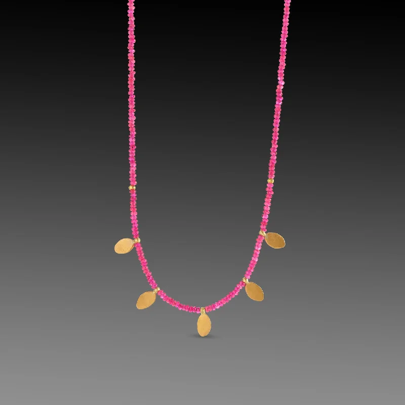 Twisted link necklaces-Ruby Beaded Necklace with 22k Leaves