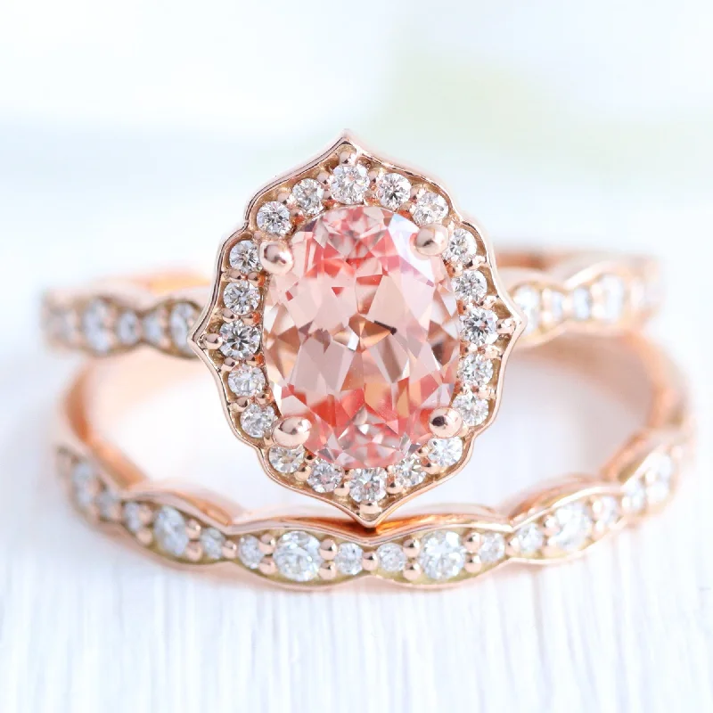 Trapezoid shape rings-Vintage Floral Oval Ring Bridal Set w/ Champagne Peach Sapphire and Diamond