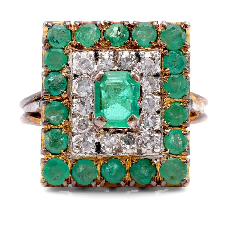 Polished silver rings-Belle Époque French Emerald Diamond 14K Yellow Gold Halo Ring