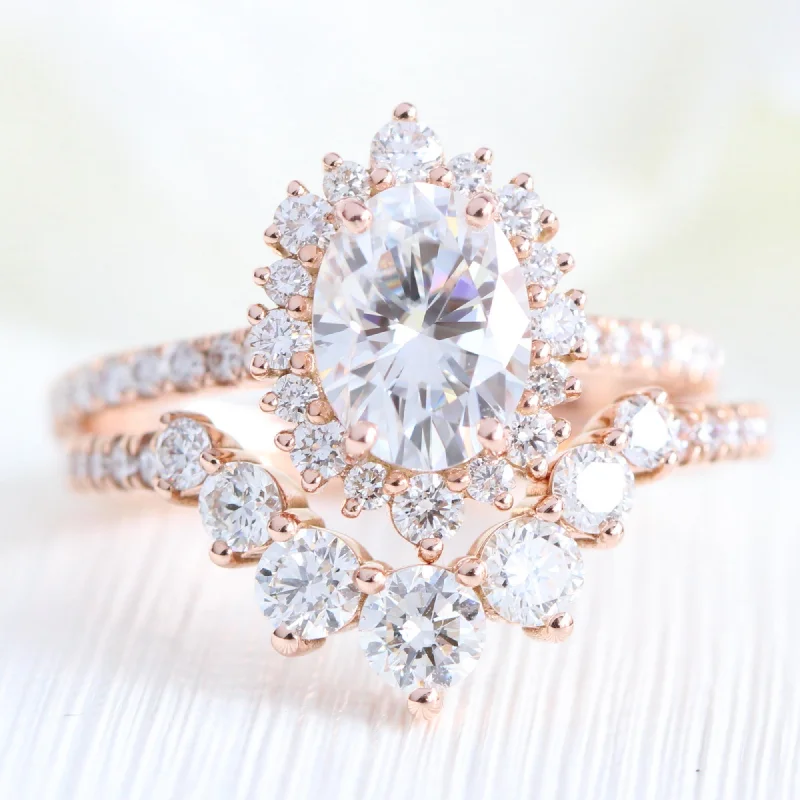 Bowed band rings-Tiara Halo Pave Ring Bridal Set w/ Oval Moissanite and Large 7 Diamond U Band