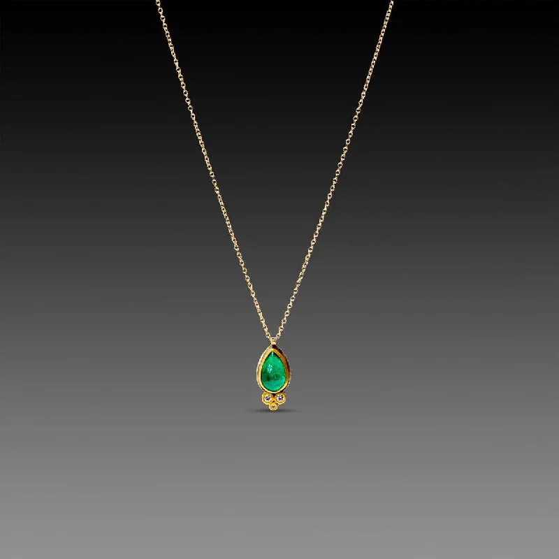 Sacred cross necklaces-Teardrop Emerald Necklace with Three Diamonds