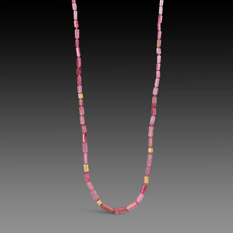 Raven feather necklaces-Pink Tourmaline Necklace with 22k Beads