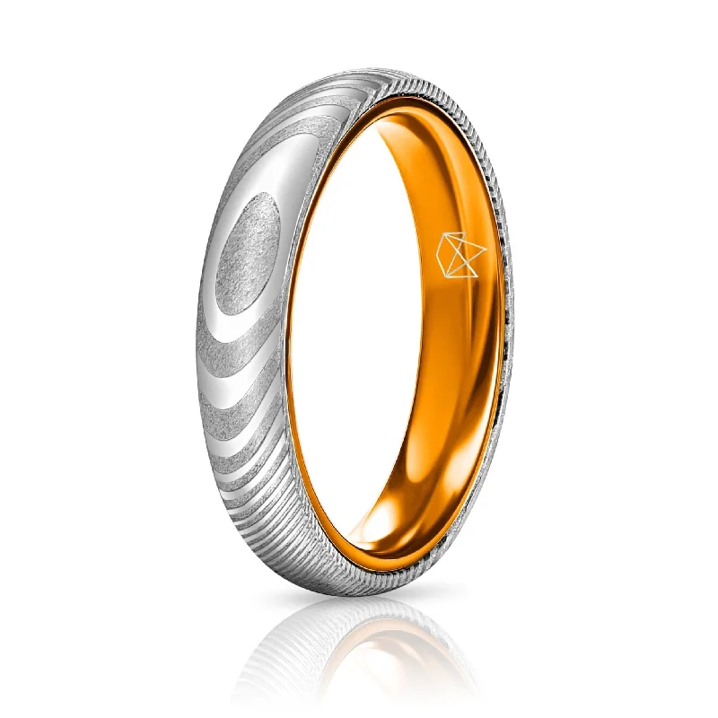 Night gothic rings-Wood Grain Damascus Steel Ring - Resilient Orange - 4MM