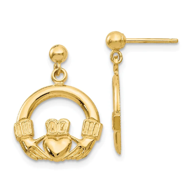 Slim gold earrings-13mm Dangling Claddagh Post Earrings in 14k Yellow Gold