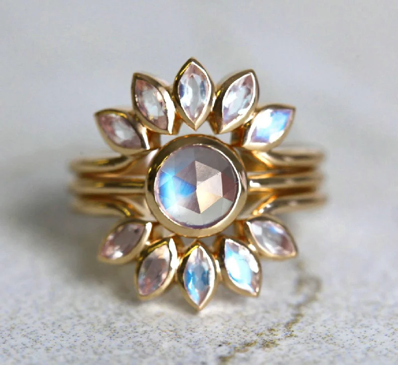 Artisan-made rings-Rose Gold Moonstone Ring Set, Floral Moonstone Ring