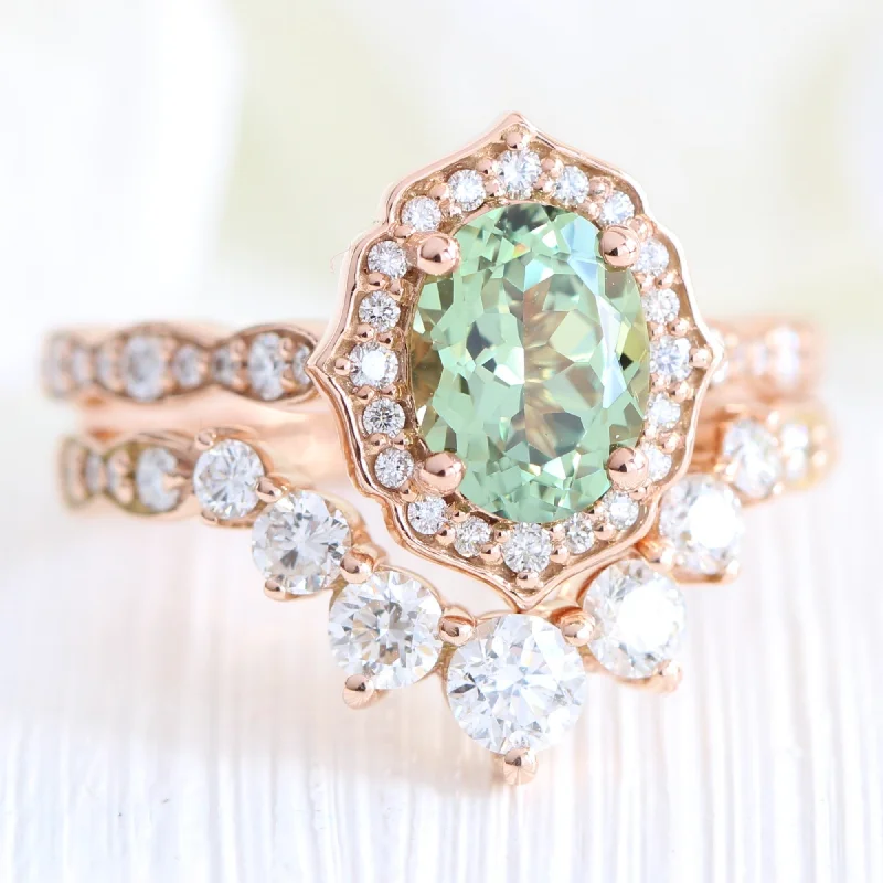 Triple-tone rings-Vintage Floral Oval Ring Bridal Set w/ Green Sapphire and Large 7 Diamond Scalloped Band